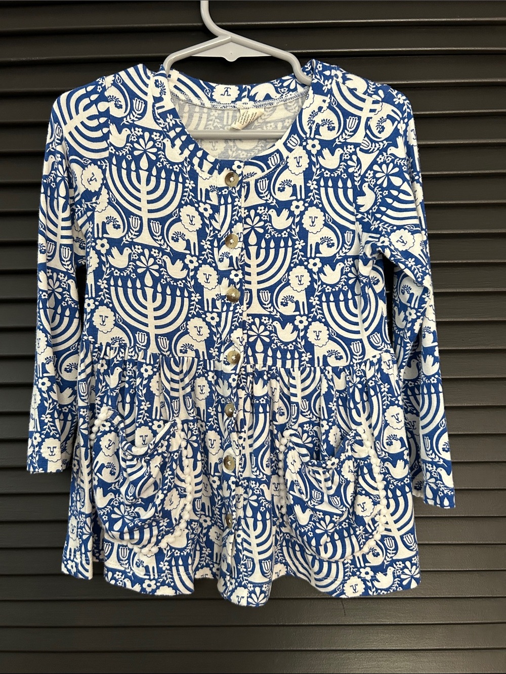 Kate Quinn Girl’s Blue and White Button-Down Long Sleeve Hanukkah Dress, Size 4T